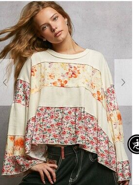 POL Ivory Floral Patchwork Pullover Top